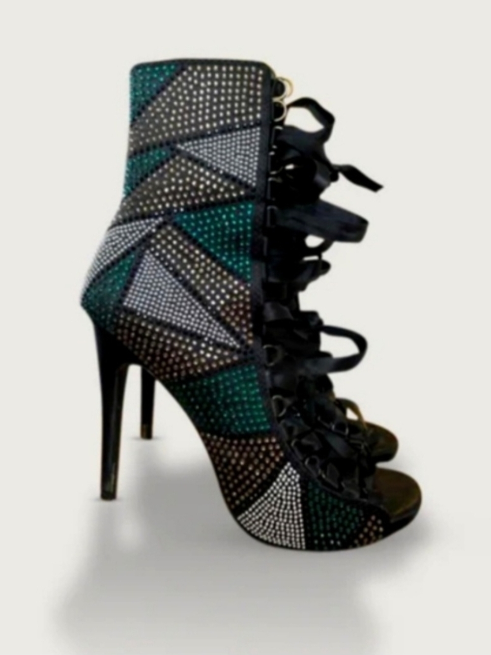 Steve Madden Black & Emerald Crystal Lace-Up Stiletto Booties